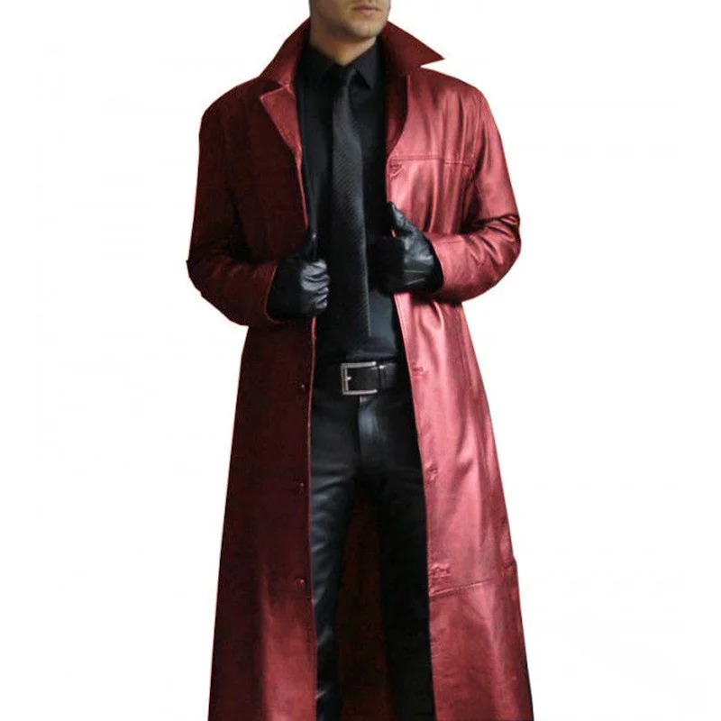 

European And American Sle Men's PU Leather Long Coat Plain Collar Buttoned Warm And Durable Medium Length Nine Sve Coat