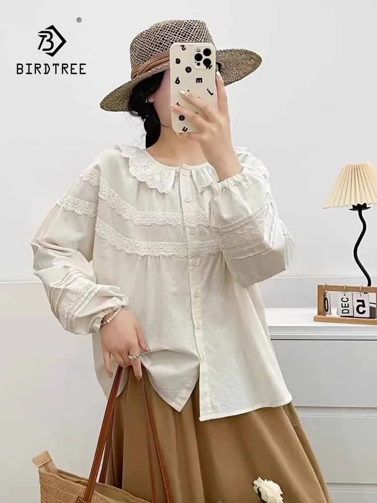 

New 2025 Autumn Cotton Long Sleeve Shirt, Women Ruffled Lace Patchwork, Mori Girl Retro Versatile Sweet Loose Blouse T57523CC