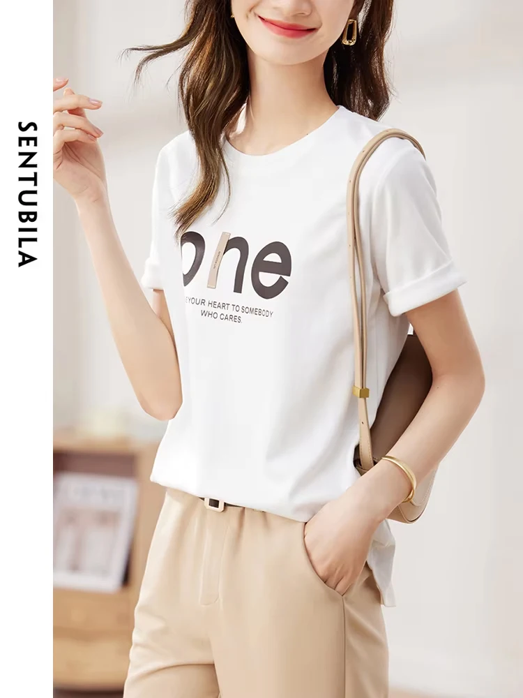 

SENTUBILA 100% Cotton T-Shirts for Women 2024 Summer Fashion Printing Letter Short Sleeves O-Neck Straight Loose Tee Shirts