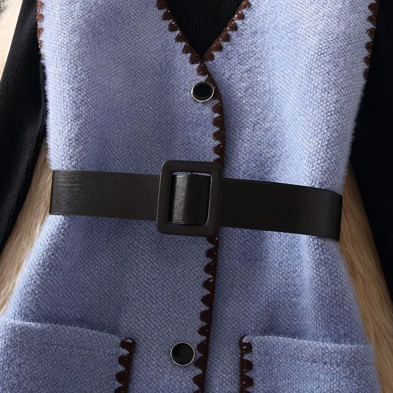 Gilet da donna alla moda gilet gilet monopetto di media lunghezza elegante cappotto senza maniche sottile autunno e inverno con cintura