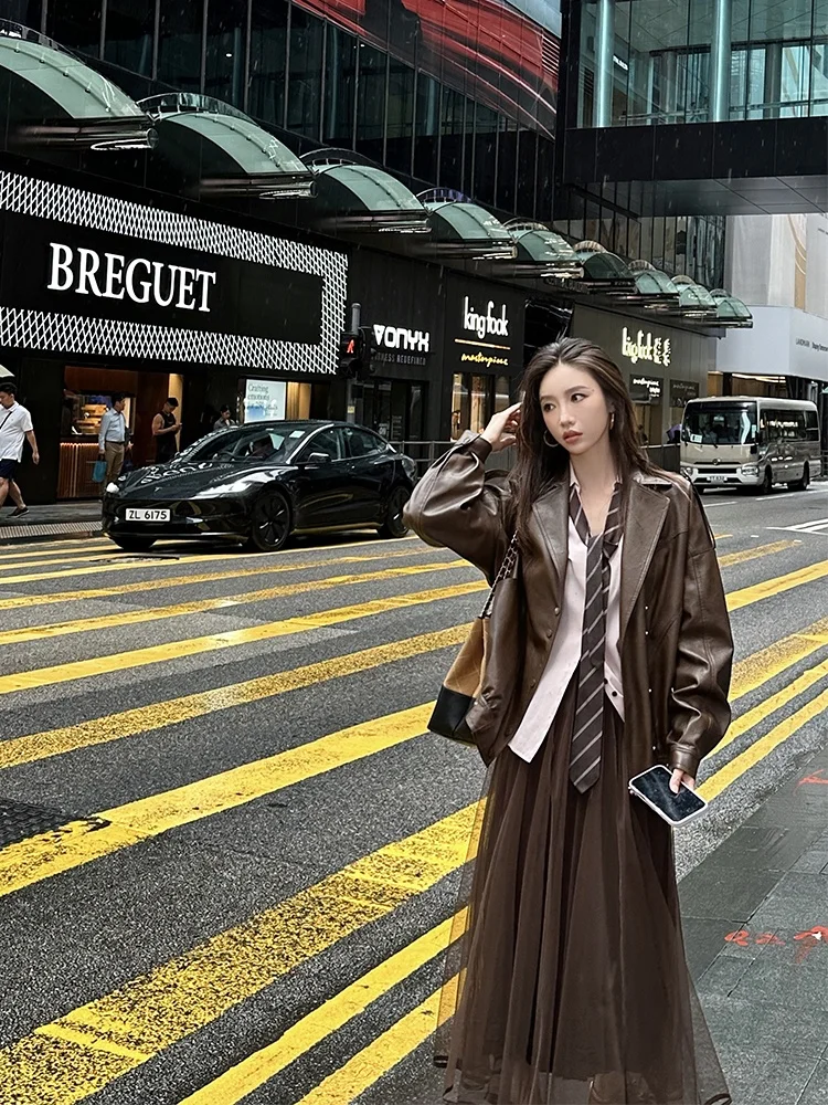 

Кожаная куртка ZQ Ziqing темно-коричневого цвета, женская, свободного кроя, осенняя новинка, для повседневной носки, модная, с длинными рукавами