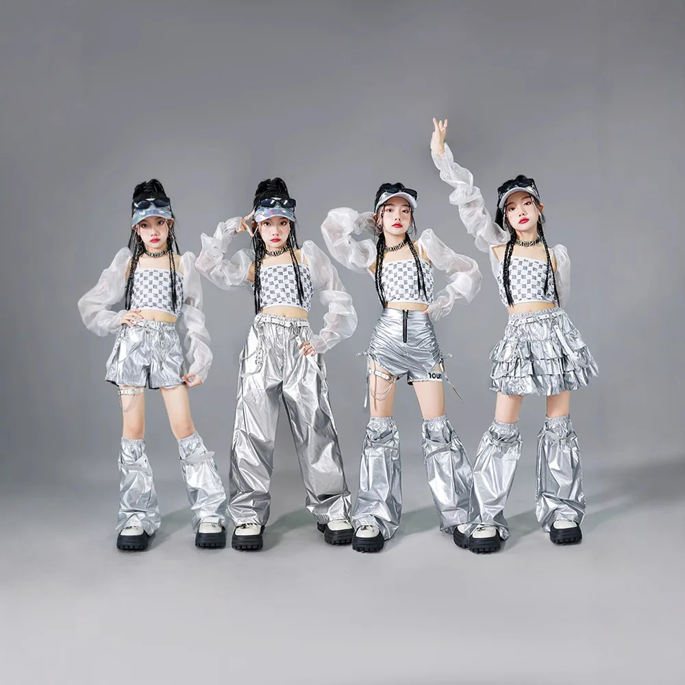 

Girls Silver Jazz Dance Costume Tassel Crop Tops Pants Skirt Hip Hop Performance Clothing Festival Stage Set Street Wear