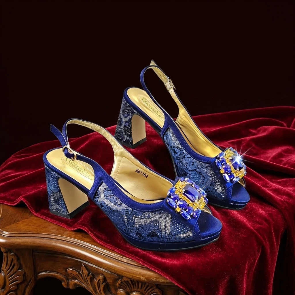 2026 Italian Luxury Rhinestone Taro Royal Blue Open Toe High Heel Shoe And Bag Set for Women - Perfect for Parties Wedding view 2
