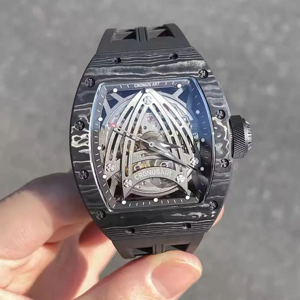 CRONUSART Men Automatic Watch Tonneau Mechanical Wristwatch Carbon Fiber Case Luminous Sapphire Mirror SkeletonApollo Dial SW200