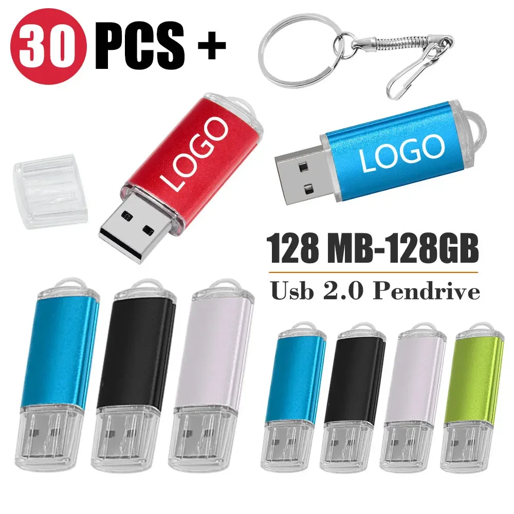 30 buah/lot gratis Logo kustom Pendrive logam 2gb 1gb hadiah bisnis USB 2.0 Flash Drive 128mb 512mb 4gb stik memori pengumuman