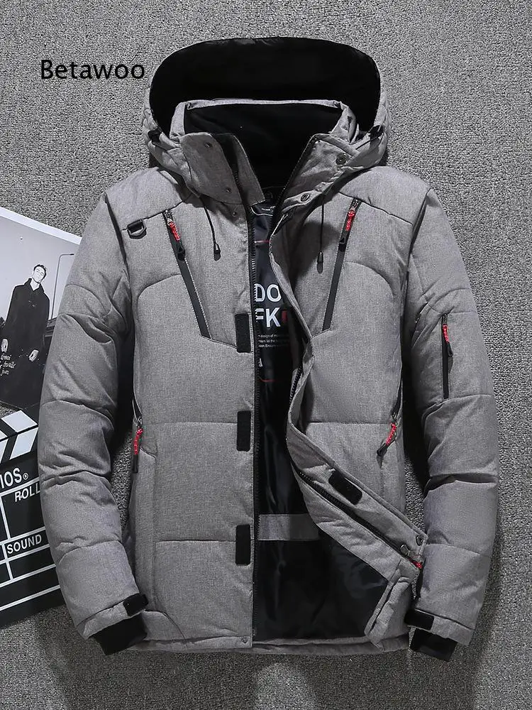 Men Windproof Winter Down Coat Hooded Design Multi Zipper Pockets Warm Outerwear for Daily Commute and Outdoor Sports