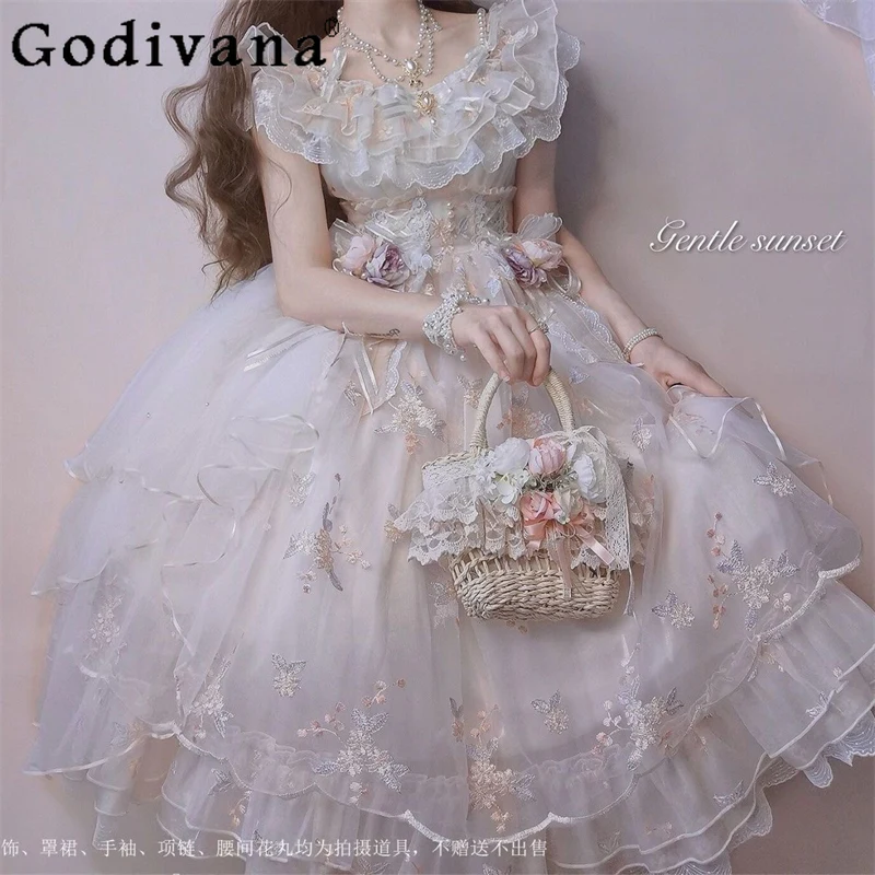

Sweet Lolita Slash Neck College Ruffles Irregular Princess Dress Summer Girl Sweet Bow High Waist A-line Lace Suspender Dresses