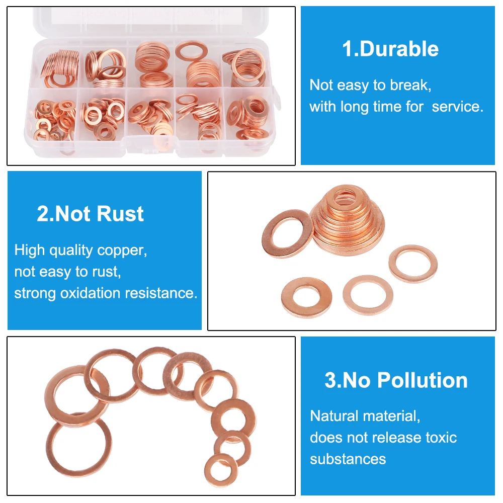 Juego de tuercas y pernos M5/M6/M8/M10/M12/M14, 200 Uds., arandelas de ajuste plano, Kit surtido de sellos de anillo plano, junta de arandela de cobre