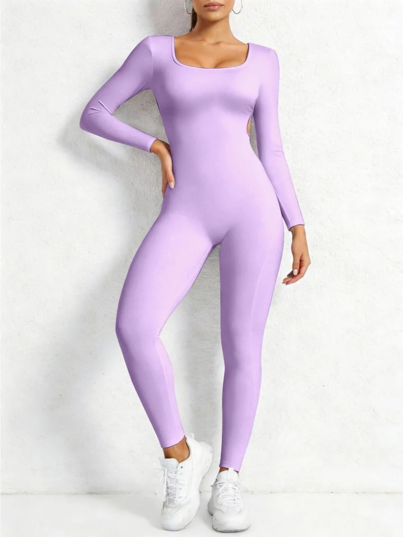 Square collar long sleeved fashionable jumpsuit with high waist and tight fitting women's temperament jumpsuit