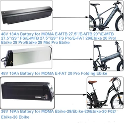 Electric Bike Bicycle Battery 36V 9Ah 16Ah 48V 13Ah 15Ah Lithium Battery for MOMA E-MTB 27.5'' 29'' E-FAT Ebike 20 26 FS Pro