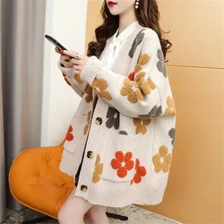 Knit Cardigan Women Sweater Print Floral V Neck Long Sleeved Sweaters Button Pockets Elegant Loose Coats Autumn Winter