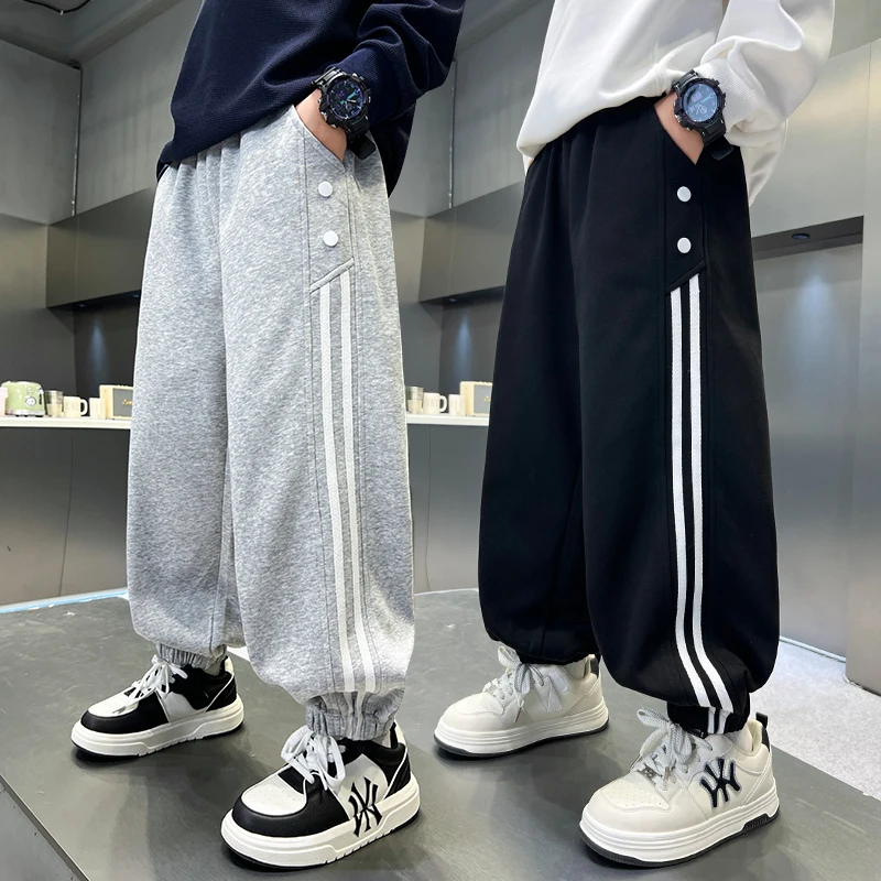 

2026 Spring Fall Children Cotton Side Striped Track Pants for Tweens Boys Casual Sports Trousers Kids Teenager Sporty Sweatpants