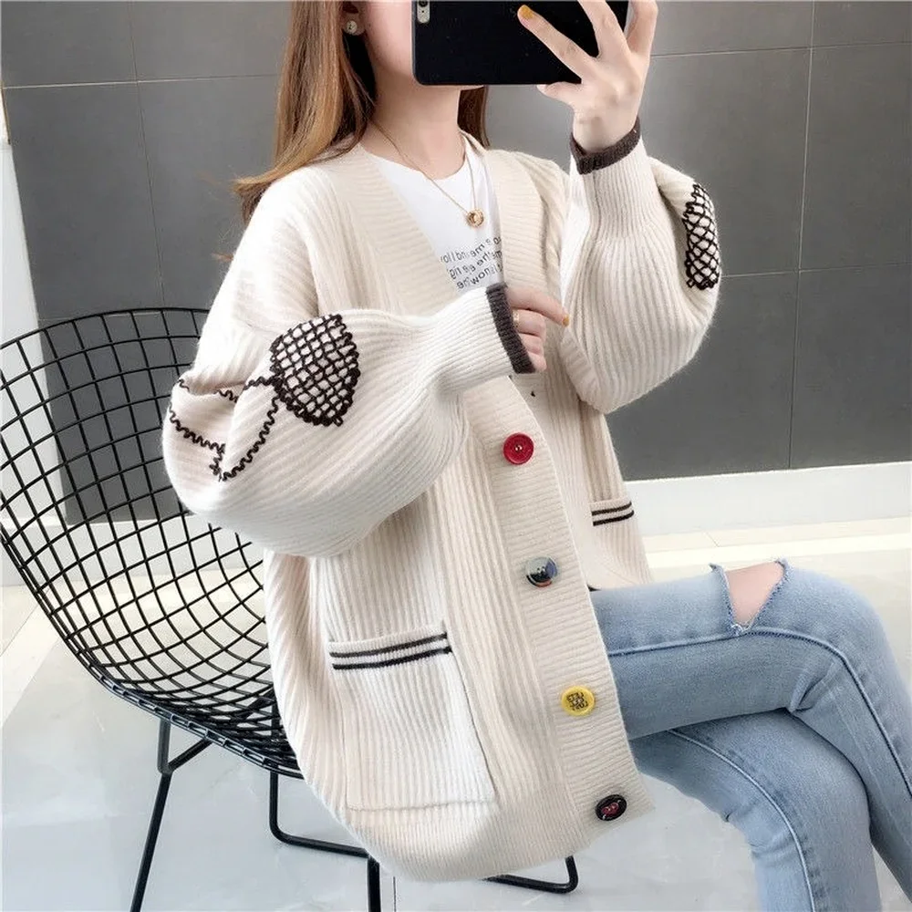 V-neck Long Sleeve Women's Yellow Knitted Cardigan, Multicolor Button Warm Autumn and Winter Sweater, Spring Women's Cardigan