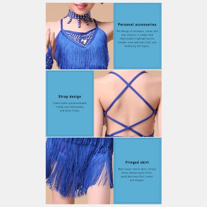 Abiti da ballo per ragazze Danza del ventre Gonna da tango per bambini Abbigliamento da carnevale Abbigliamento da ballo Costumi di salsa latina Abito da ballo con nappe di alta qualità