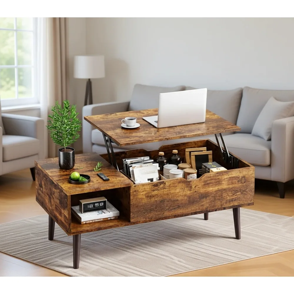 

Lift Top Wooden Coffee Table with Hidden Storage and Lower Shelf for Small Living Room