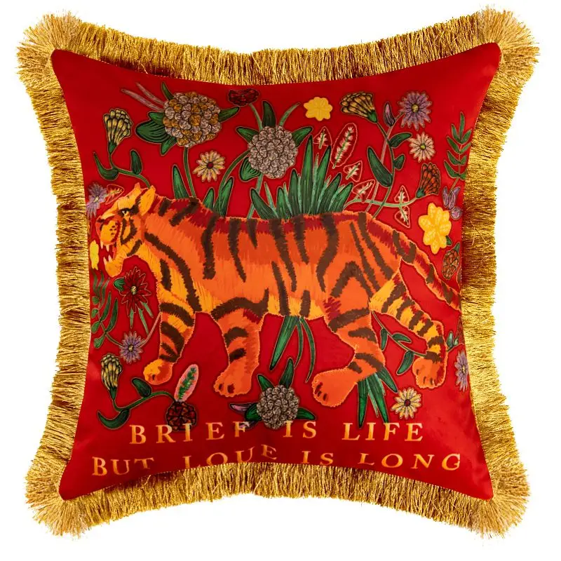 Luxury American Style Cushion Cover Double Sided Tiger Flowers Print Velvet Tassel Pillowcase For Sofa Living Room