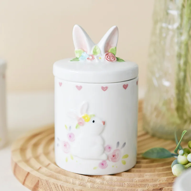 Small White Rabbit Ceramic Sealed Jar Creative Candy Storage Jar, Decorated with Lid Decoration Dim Sum Tea Storage Jar