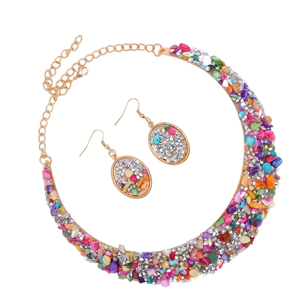 

1Set Colorful Rhinestone Jewelry Set Necklace and Earrings for Women Fashion Choker Dangler Gift for Her Party Wedding Daily