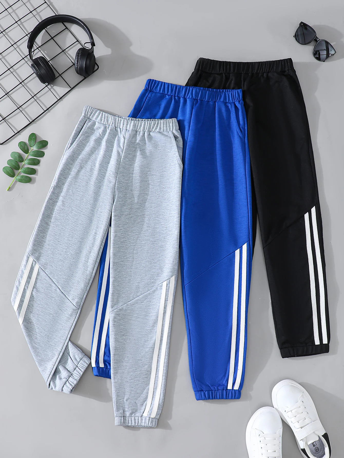 

Tween Boy for autumn 3pcs/Set Solid Color Casual Pants Comfortable And Versatile With Pockets, Weaved Edges & Elastic Waistband