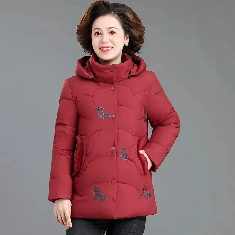 Women's Winter Puffer Cotton Padded Jacket Grandma Hooded Fleece Thick Parkas Warm Loose Retro Embroidery Snow Coat Loose Female