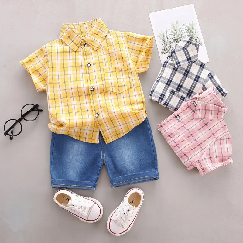 Children's Summer Clothing Flannel Shirt with Elastic Comfort Denim Shorts Trendy Boy's Two-Piece Set3608