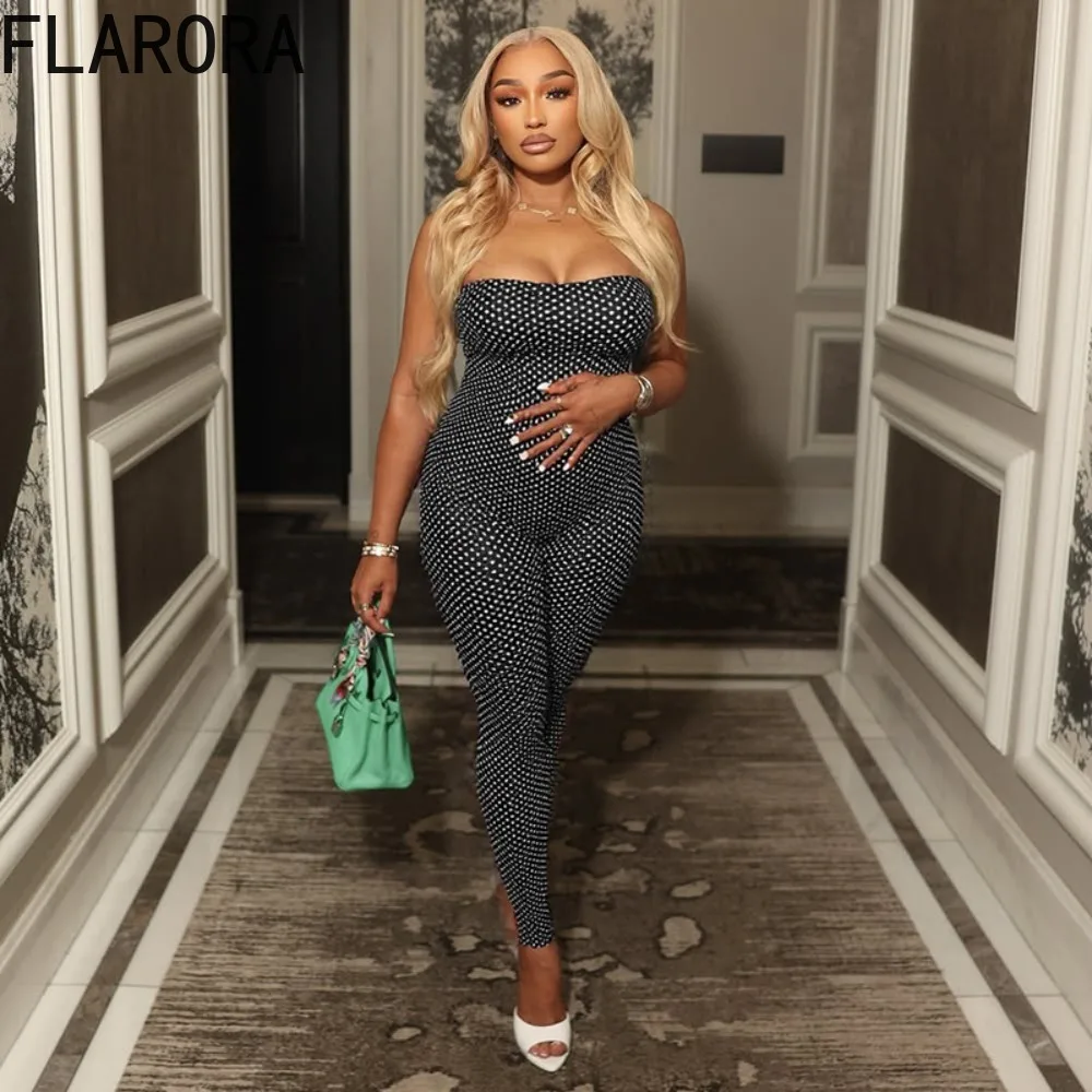 

FLARORA Sexy Polka Dot Printing Jumpsuits Woman Strapless Backless Skinny Peach Hip One Piece Overalls Midnight Party Clubwear