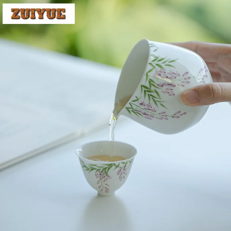 195ml Hand-painted Wisteria Flower Tea Pitcher Zen Thin Body White Porcelain Cha Hai Household Justice Cup Teaware Accessories