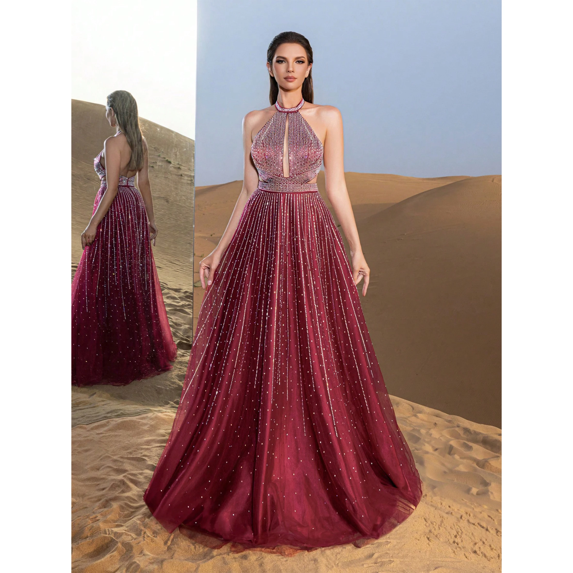 

Gorgeous Rhinestone Detail Halter Neck Backless Formal Prom Dress & Evening Gowns