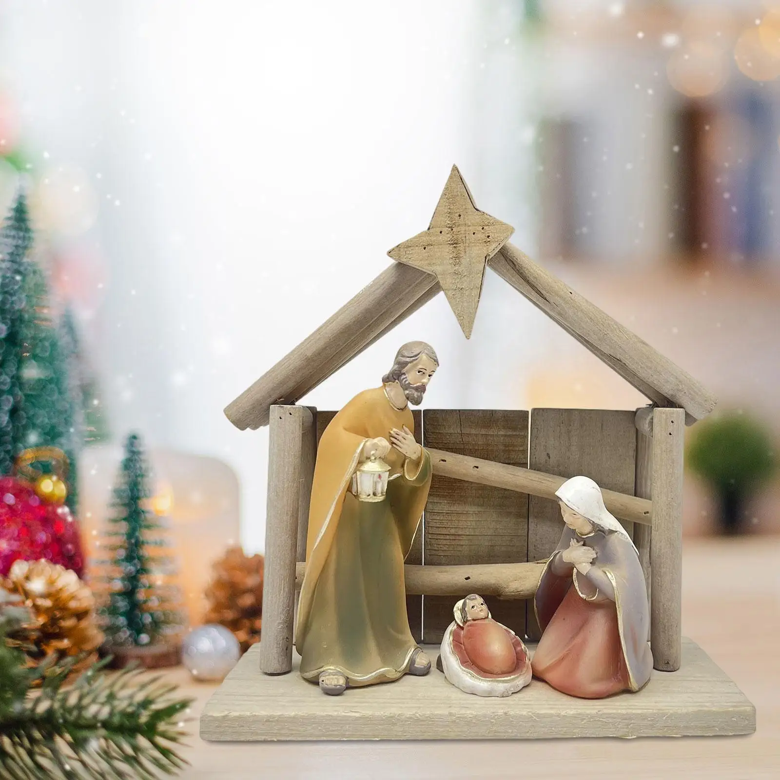 Christmas Manger Nativity Craft Decorative Collectibles Nativity Scene Statue Tabletop Figure for Shelf Home Table Holiday Decor