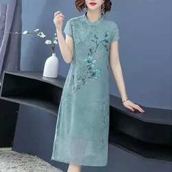 Vintage Printed O-Neck Spliced Loose Bow Midi Dress Women Clothing Summer New Oversized Short Sleeve Office Lady Long Dress