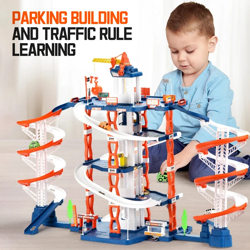 Multilayer Rail Parking Lot Building Double Slide Toy Set Children's Slides Rail Car Model Track Parent-child Interactive Toys