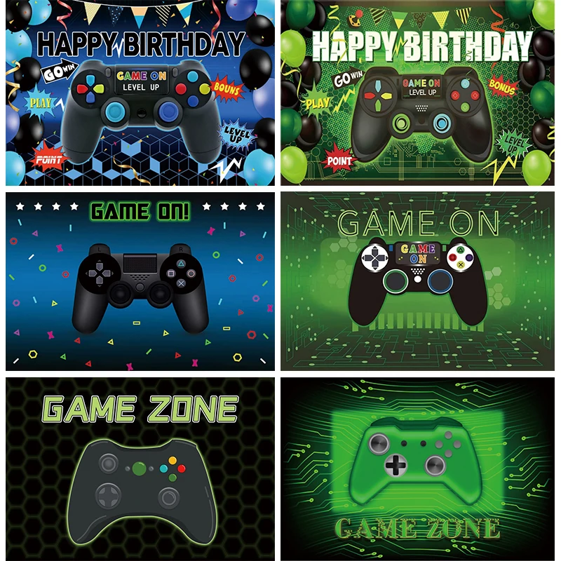 Game On Backdrop Gamer Birthday Decoration Boys Blue Green Player Level UP Banner Game Zone Kids Party Theme Photo Background