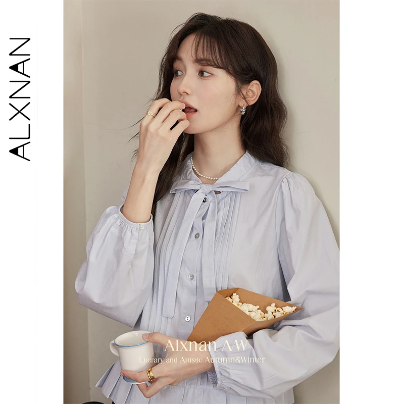 ALXNAN Niebieska Koszula Damska Jesienna Kokarda Plisowana Falbana Długi Rękaw Koszula Biurowa Casual Modna Elegancka Bluzka Damska L50602