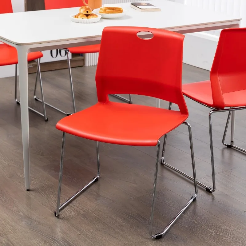 Stackable Plastic Chairs, Red School Chairs with Wide Seat, 4 Armless Chairs for Waiting Room, Canteen, Dining Room, Classroom