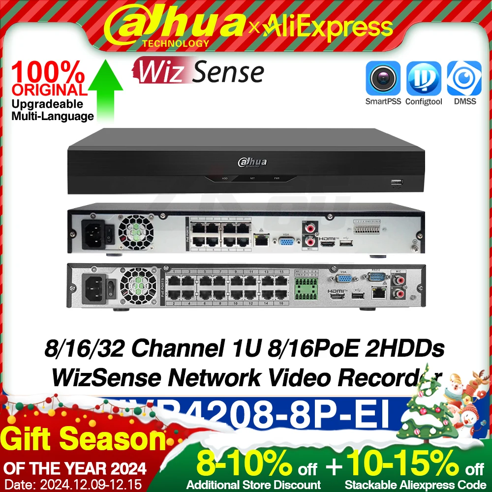 Dahua NVR4208-8P-EI NVR4216-16P-EI NVR4232-16P-EI 8/16/32CH 1U 8/16PoE 2HDD WizSense Network Video Recorder AI by NVR 32 TB MAX