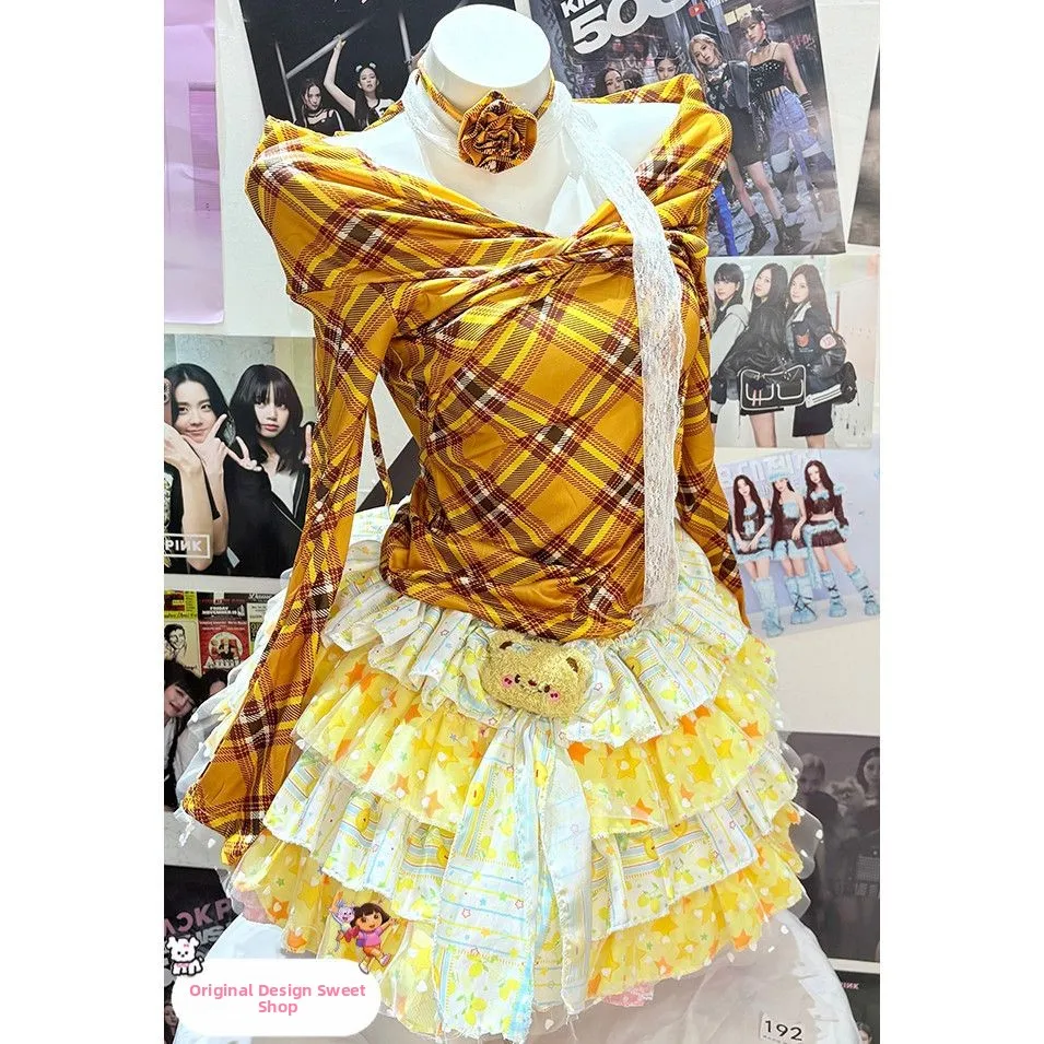 

Original Yellow oulder Crossed Long Sve T-irt with Plaid Design f-length Skirt Set Pure Desire Cake Sle Summer 2025