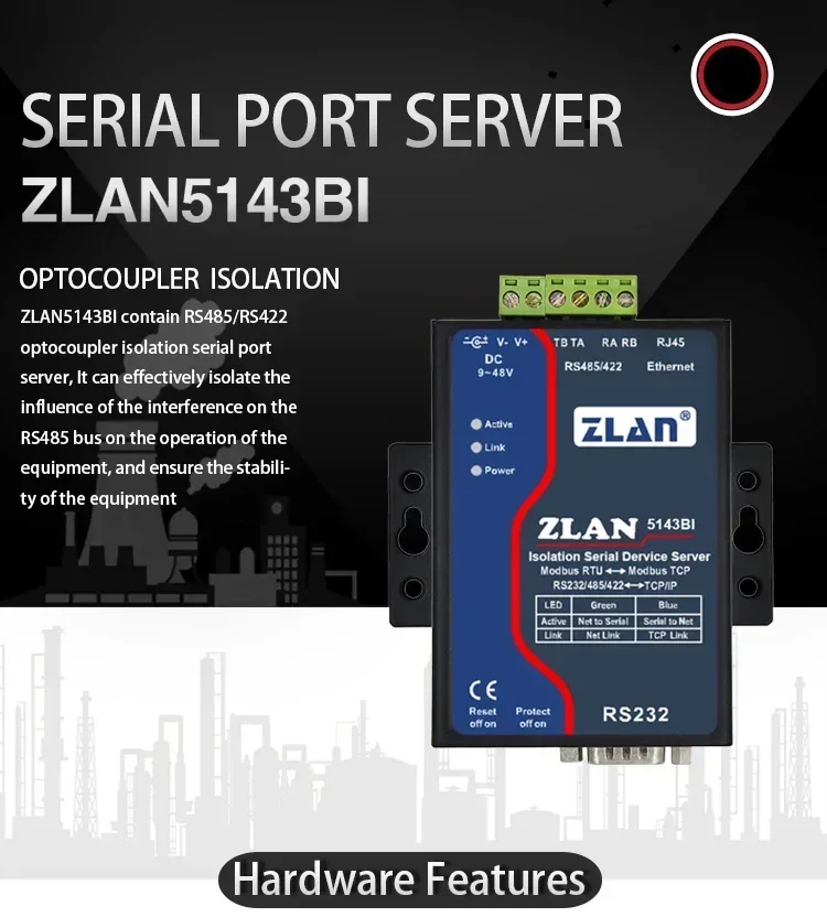 Modbus RTU para Dispositivo TCP, Produto de Comunicação e Rede, RS232, RS422, RS485, ZLAN5143BI, RS485