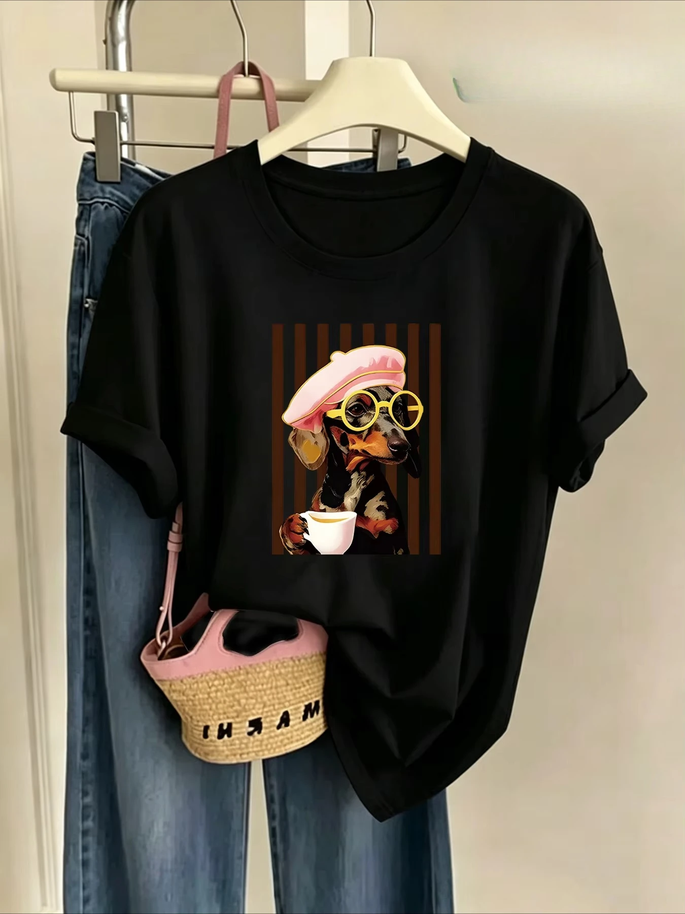 Beret Glasses Coffee Sausage Dog Vertical Stripe Cartoon Printed Women's T-shirt Casual Round Neck Top Summer Travel Daily Style