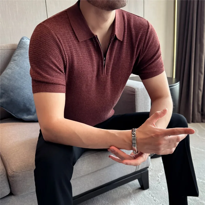 Summer Thin Polo Shirt Short Sleeved Half Zip Solid Color Loose Casual Top High Stretch Breathable Fashion T-shirt Men Clothing