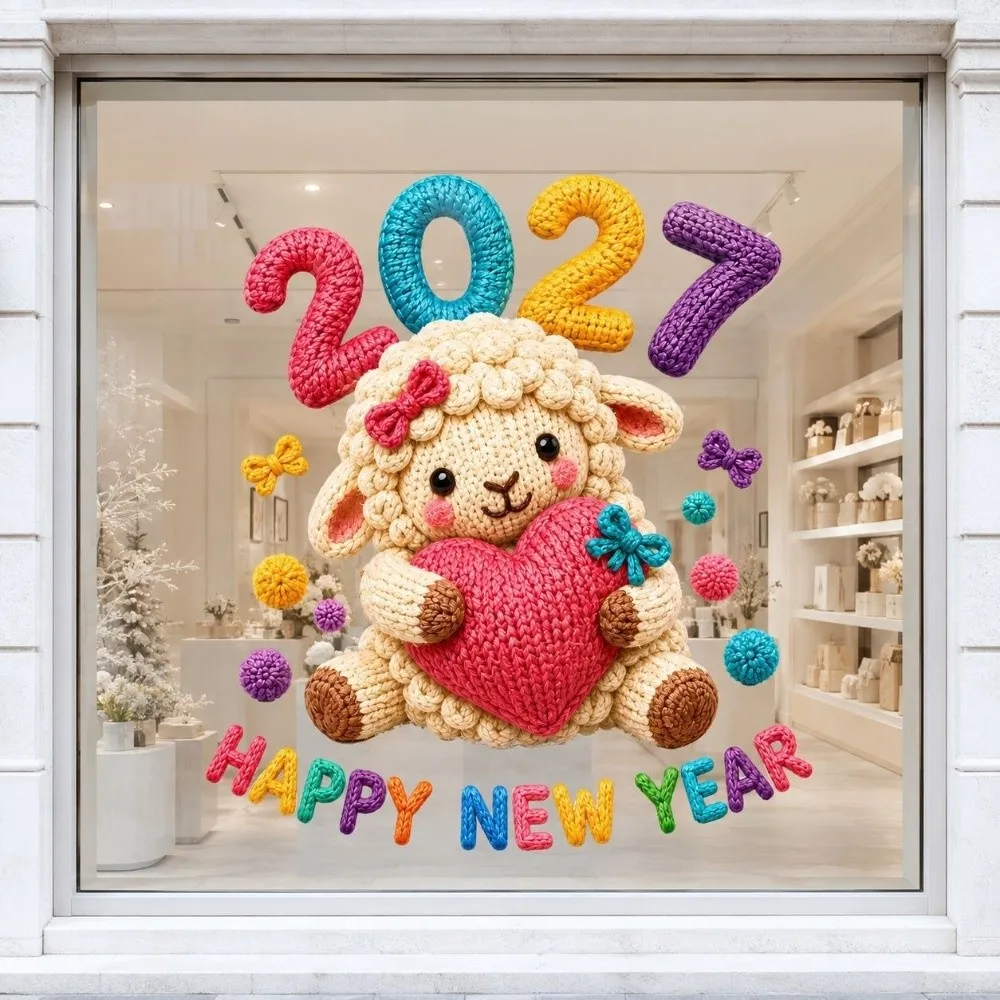 Colorful Happy New Year Window Stickers Large Size 2D Flat Print 5D Window Glass Decor Transparent Funny