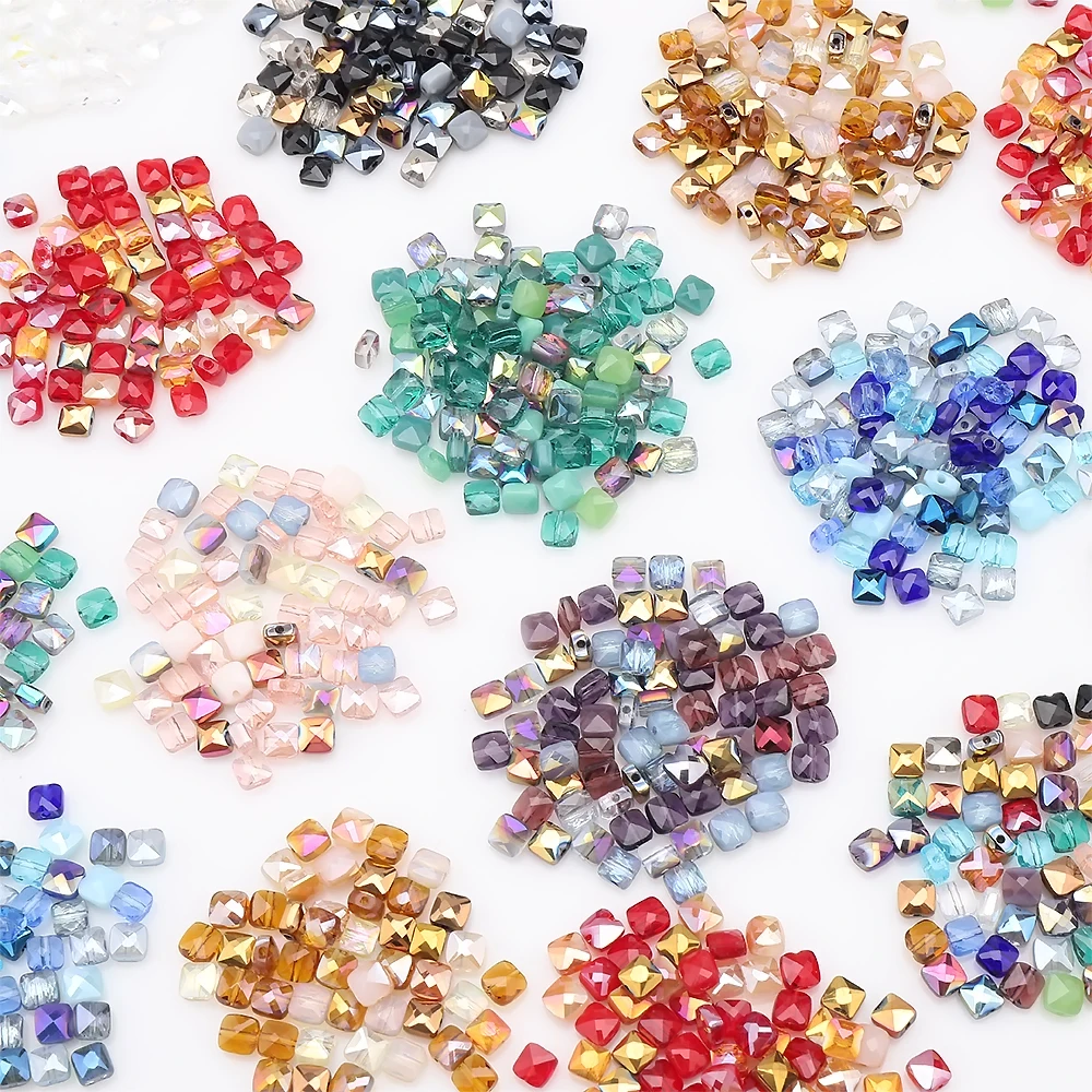 50pcs 6mm Mixed Crystal Glass Square Flat Faceted Cube Beads for DIY Making Friendship Bracelet Spring Party Garment Decoration