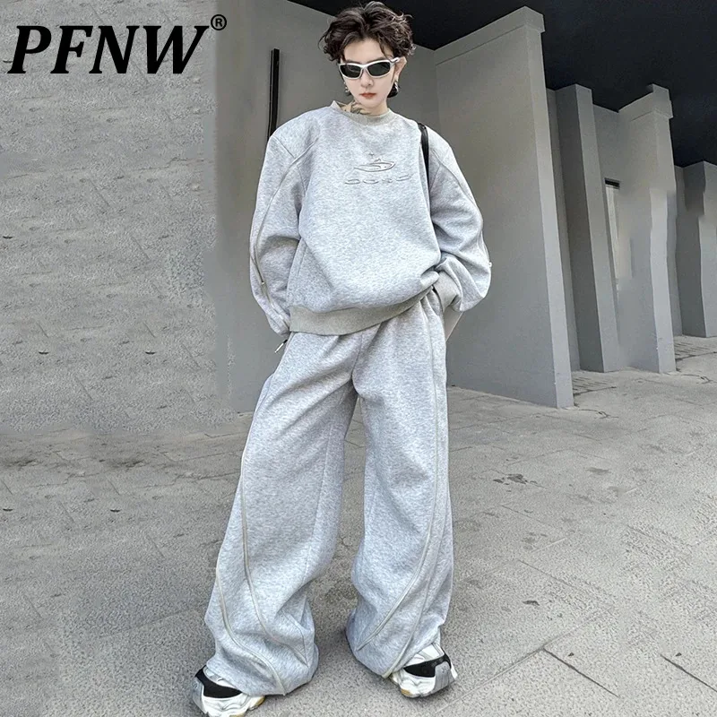 

PFNW Men's Suit Round-neck Long Sleeve Pullover Sweatshirt Wide Leg Pants Zippered Design Two-piece Set 2024 High Street 9C4234