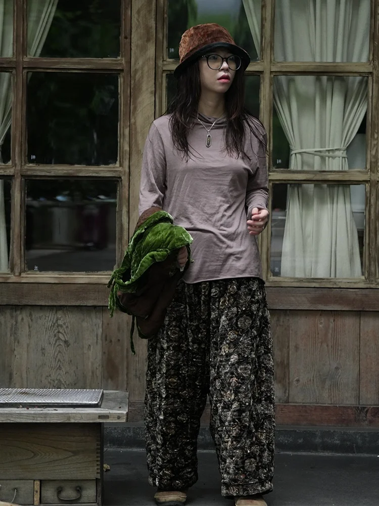 

Original Design Artistic Silk Cotton Base Layer T-irt Casual Sle Pure Color Long Sve Sta Collar Regular Fit Autumn Wear