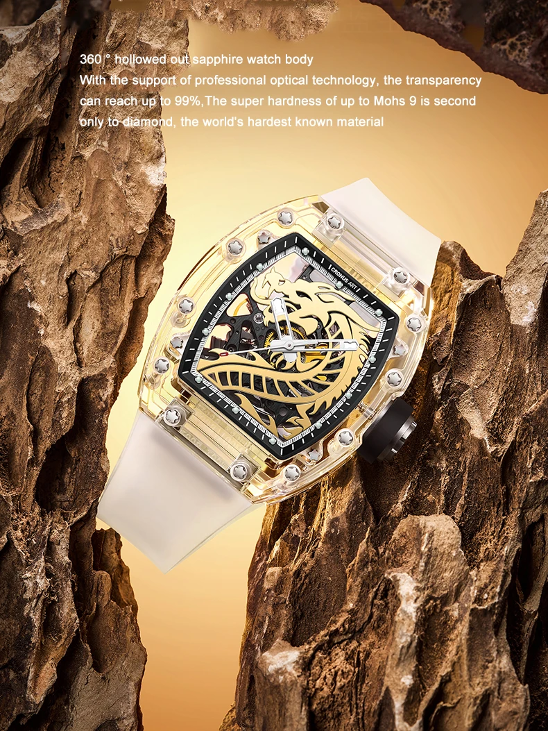 CRONUSART Men Automatic Watch 50mm Luxury Tonneau Mechanical Wristwatch Sapphire Case Luminous Liquid Silicone Strap Dragon Dial