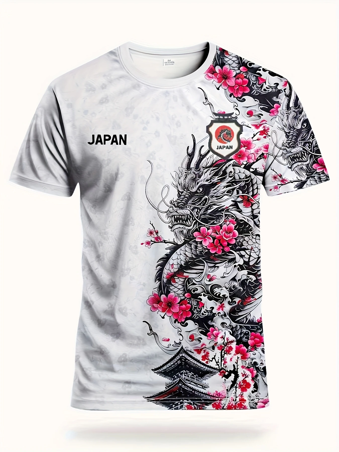 Men's Japanese Dragon Cherry Blossom Graphic T‑Shirts, Traditional Art Short Sleeve Crew Neck Casual Sports Tee