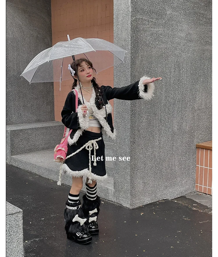 Y2k  Leg Socks Pink Harajuku Subculture 3 Piece Sets Leg Warmers Rivet Belt Plush Knit Socks Japanese Style Leg Covers