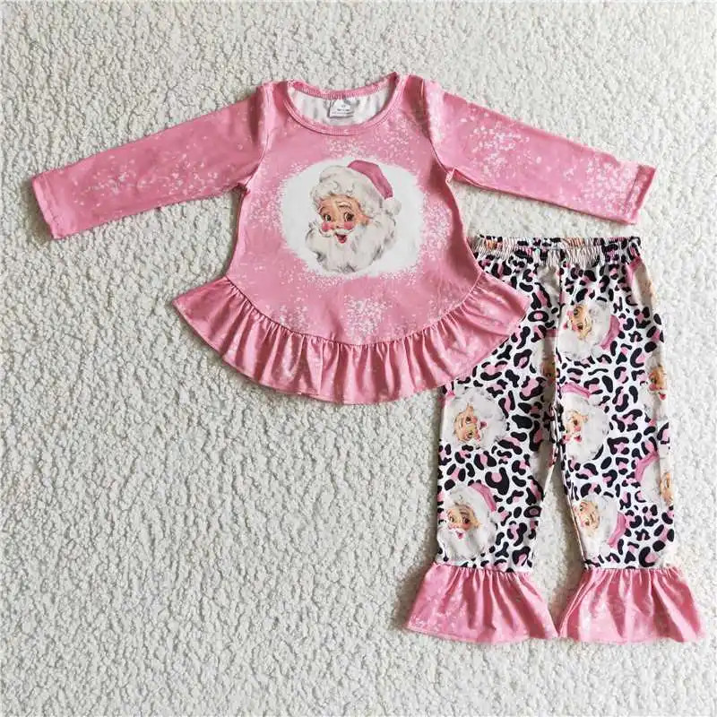 New Fashion Baby Girls Embroidered Christmas Tree Plaid Pink Bow Long Sleeve Pants Set Wholesale Boutique Children Clothes RTS