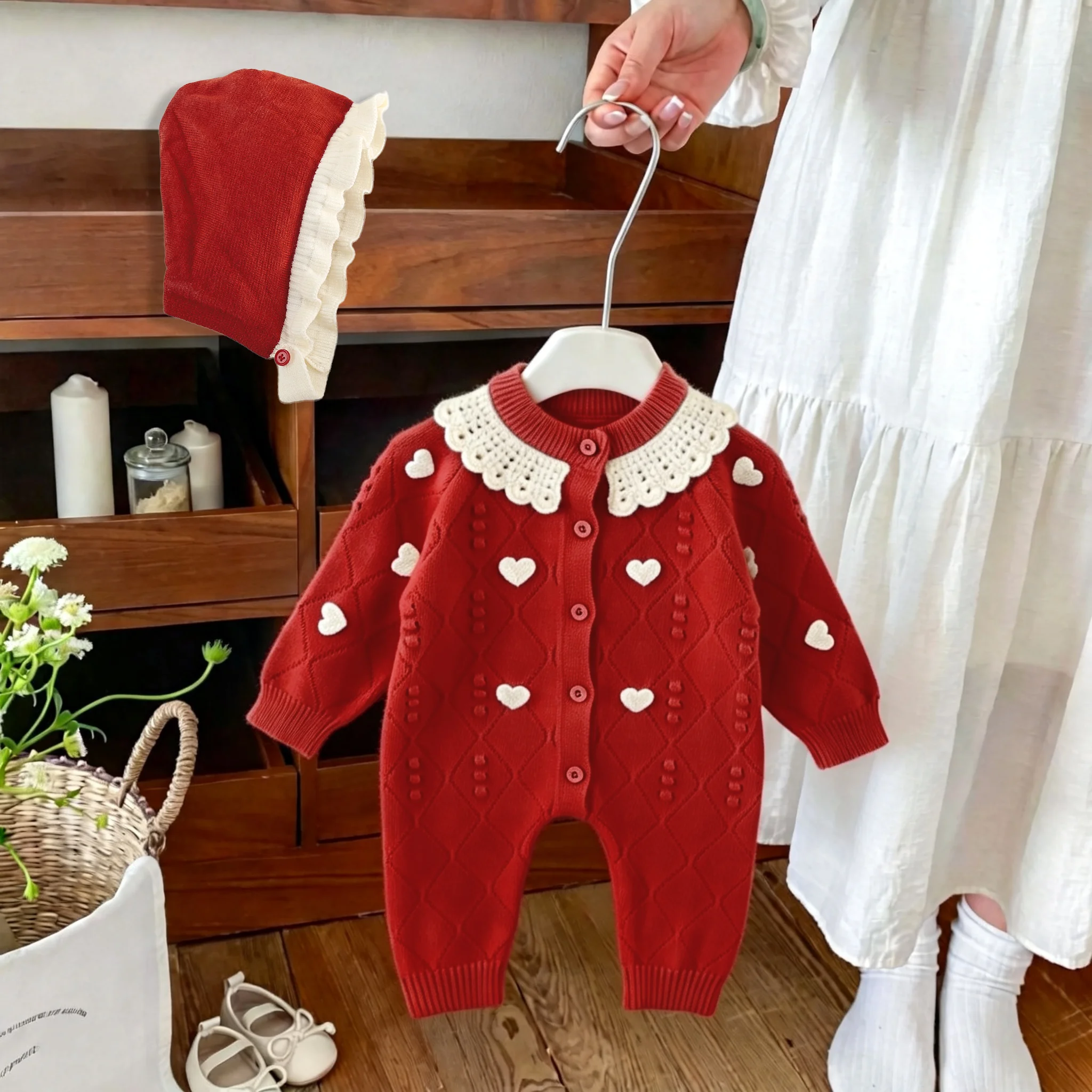 26 Autumn and winter new long-sleeve baby onesie, outing wear, knit girls' heart-shaped romper for infants