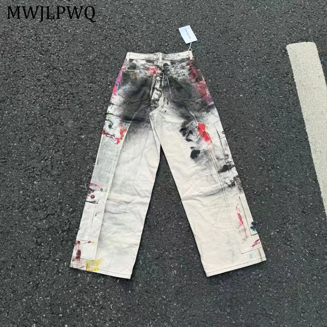 

MWJLPWQ Tie-dye Graffiti 3D Printed Design Vintage Wide-leg Jeans Men's High Street Unisex Loose Casual Trouser Autumn New 11254