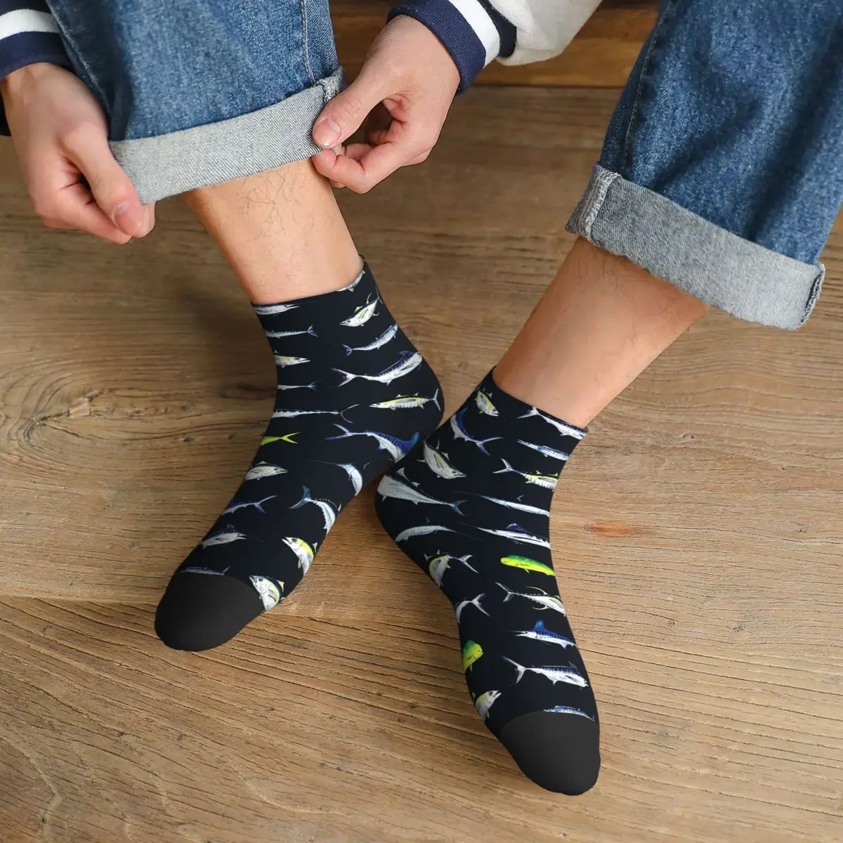 

SPORTFISH Pattern Dark Navy Blue BlackYellowfin Tuna Socks Harajuku Stockings All Season Socks Accessories for Unisex Gifts